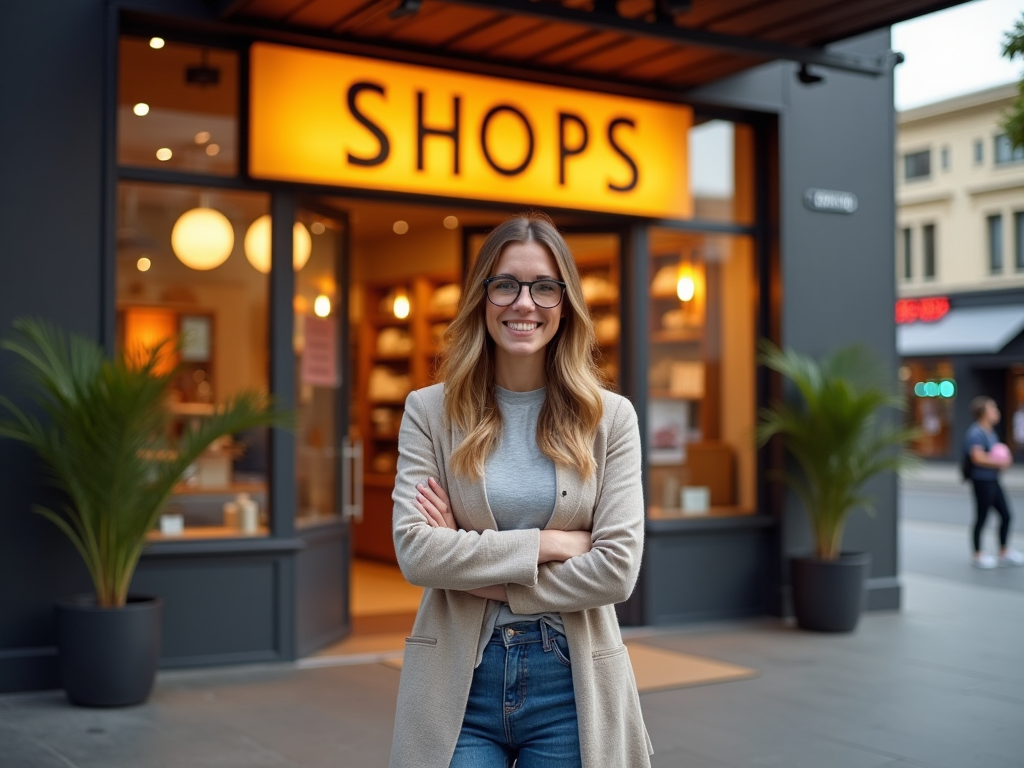 Улыбающаяся женщина в очках стоит перед магазином с вывеской "SHOPS".