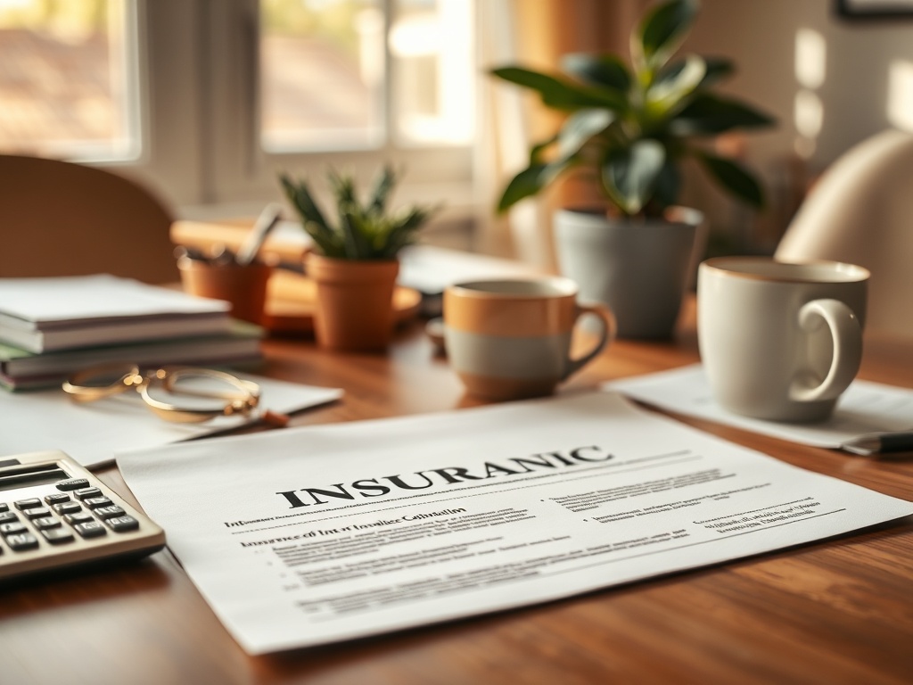 Документы на столе с чашками кофе, растениями и калькулятором, фокус на бумаге с надписью "INSURANIC".