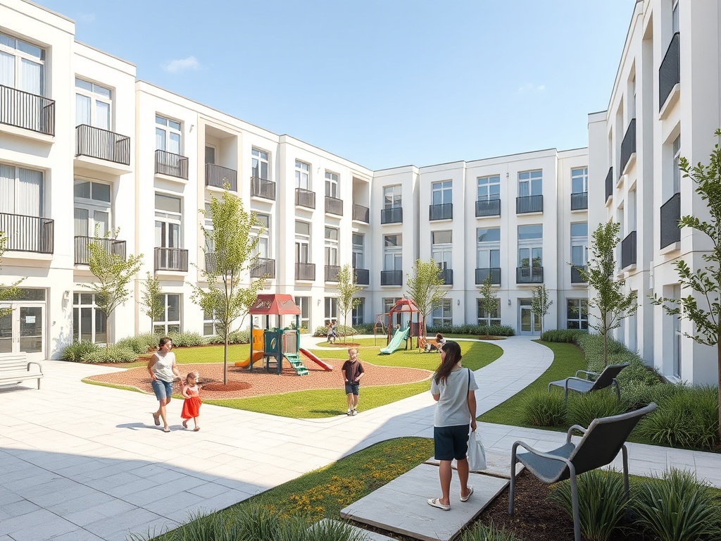 Детская площадка во дворе с детьми и взрослыми на фоне жилых зданий и зелени. Ясная солнечная погода.