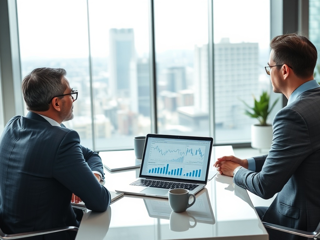 Два бизнесмена обсуждают данные на ноутбуке в офисе с панорамным видом на город.