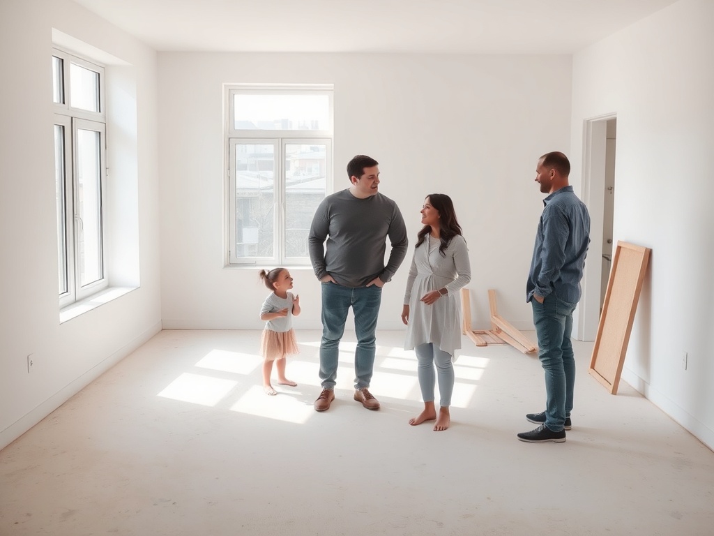 Семья обсуждает будущее в пустой комнате с большими окнами, освещенной солнечным светом.