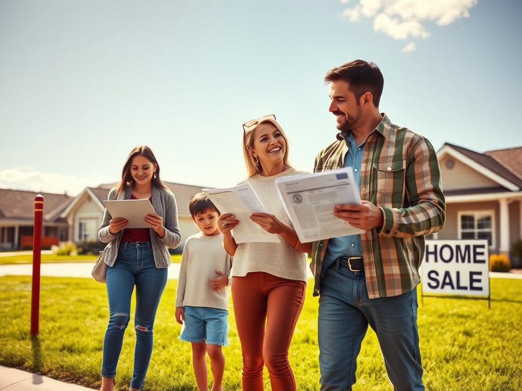 Семья с детьми гуляет по району, рассматривая дома на продажу и обсуждая варианты покупки.