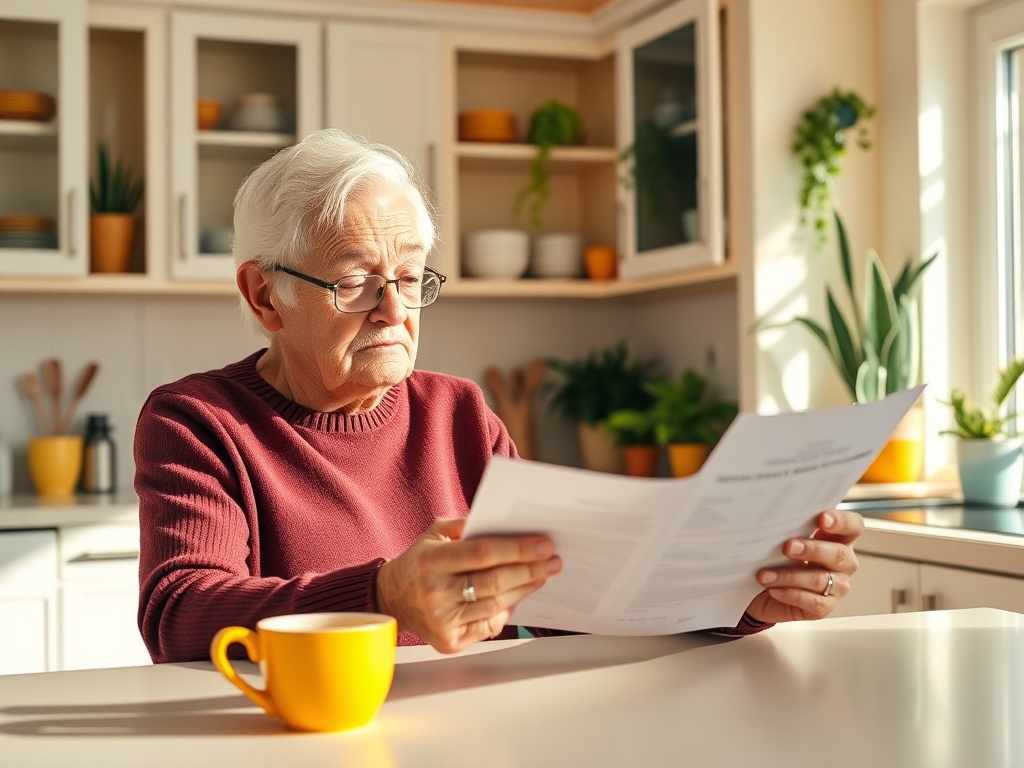 Пожилая женщина в очках читает документы за столом, рядом с ней чашка желтого цвета. В комнате светло и уютно.