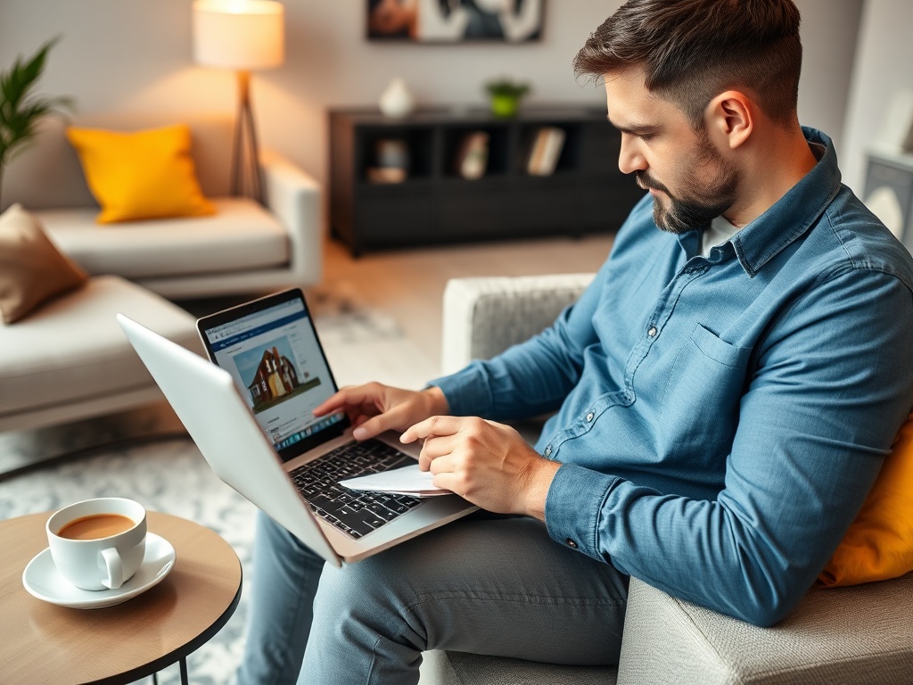 Молодой мужчина работает на ноутбуке, сидя в уютной комнате с чашкой кофе на столе.