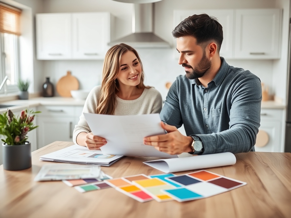 Молодая пара обсуждает планы, сидя за столом с цветами и материалами в уютной кухне.