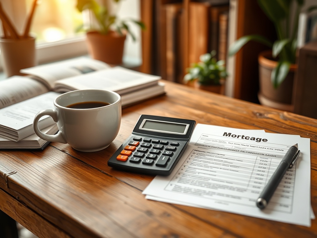 На столе чашка кофе, калькулятор и документы по ипотеке среди книг и растений. Уютная атмосфера рабочего места.