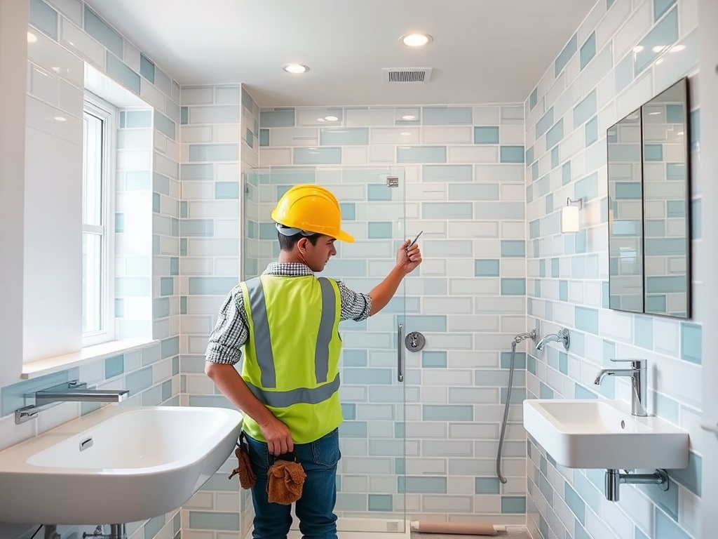 Рабочий в каске и жилете в ванной комнате, проверяющий установку сантехники у стены с плиткой.
