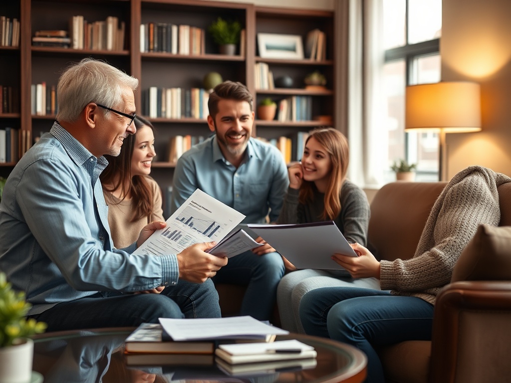 Группа людей обсуждает документы и графики, сидя в уютной комнате с книгами на фоне.